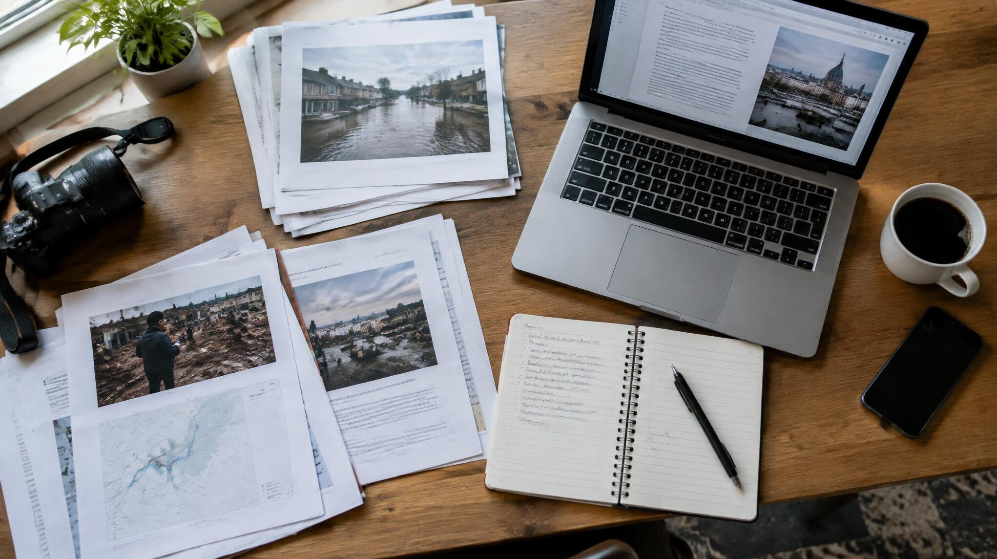 Reporter's desk covered with printed documents, a laptop, and a notebook