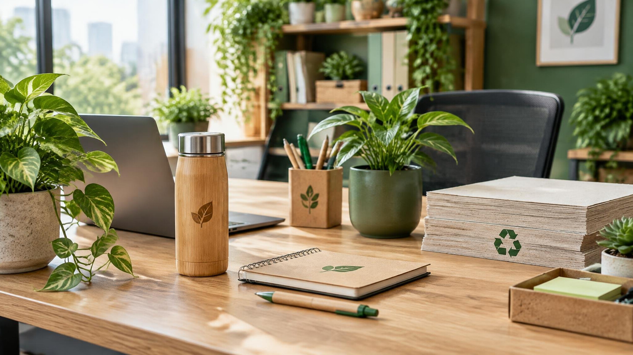 sustainable office desk with plants