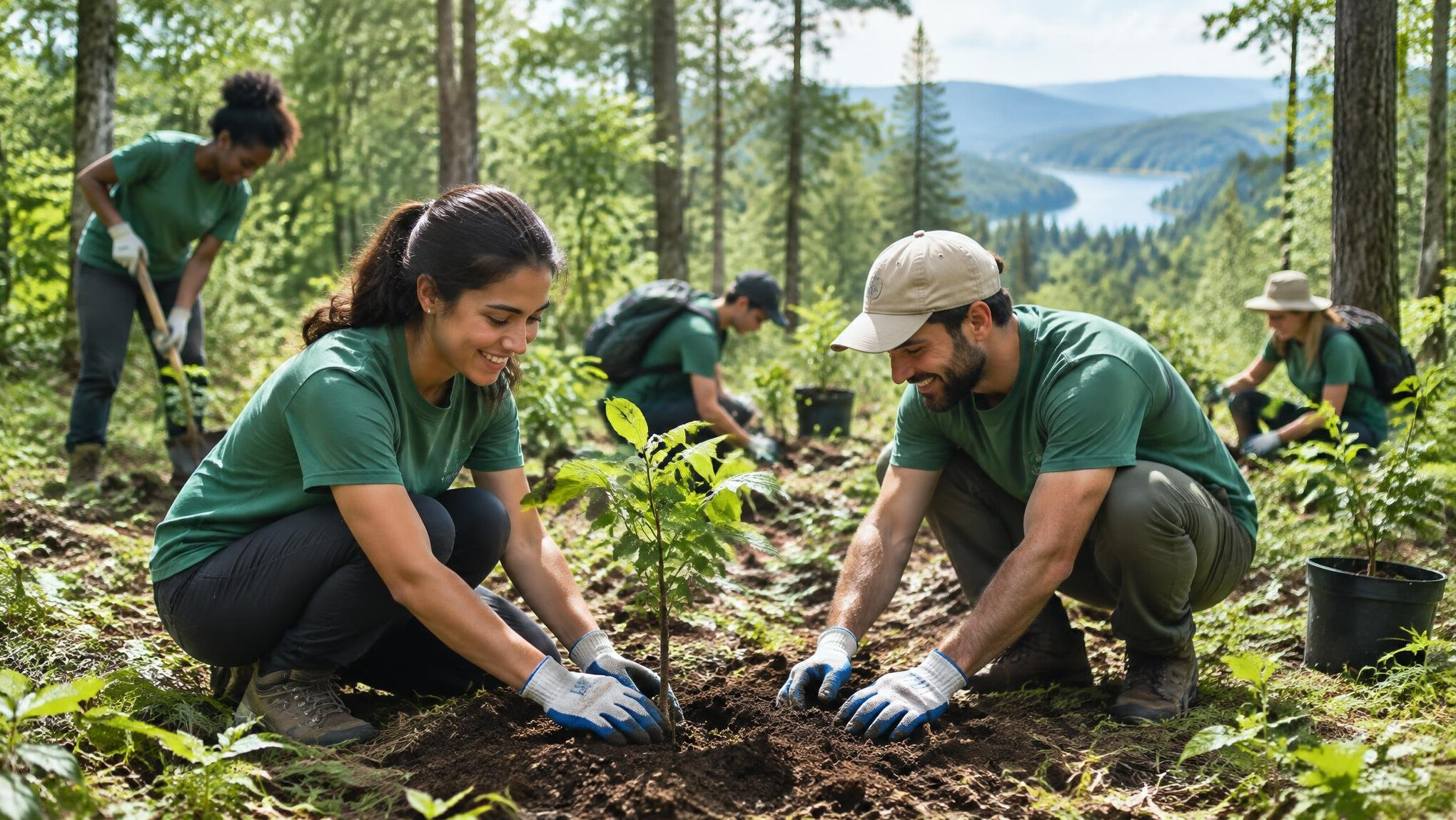 people planting trees in forest