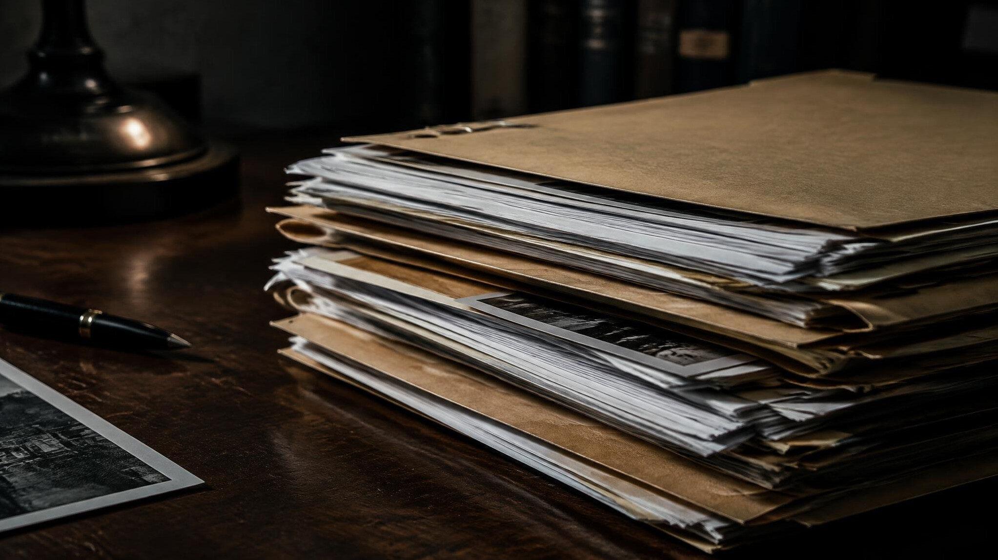 Documentos confidenciais e pastas sobre uma mesa escura
