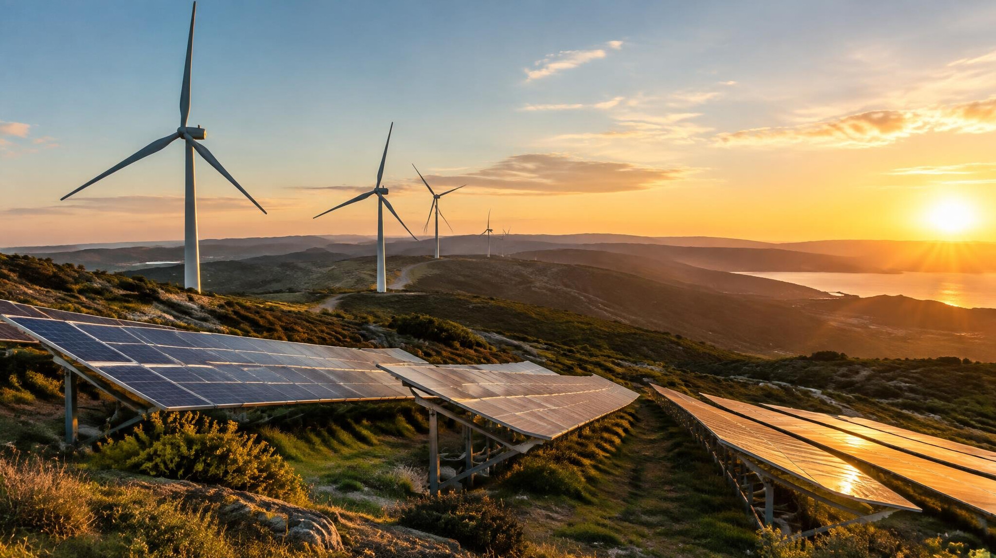 Wind turbines and solar panels on a hillside energy project