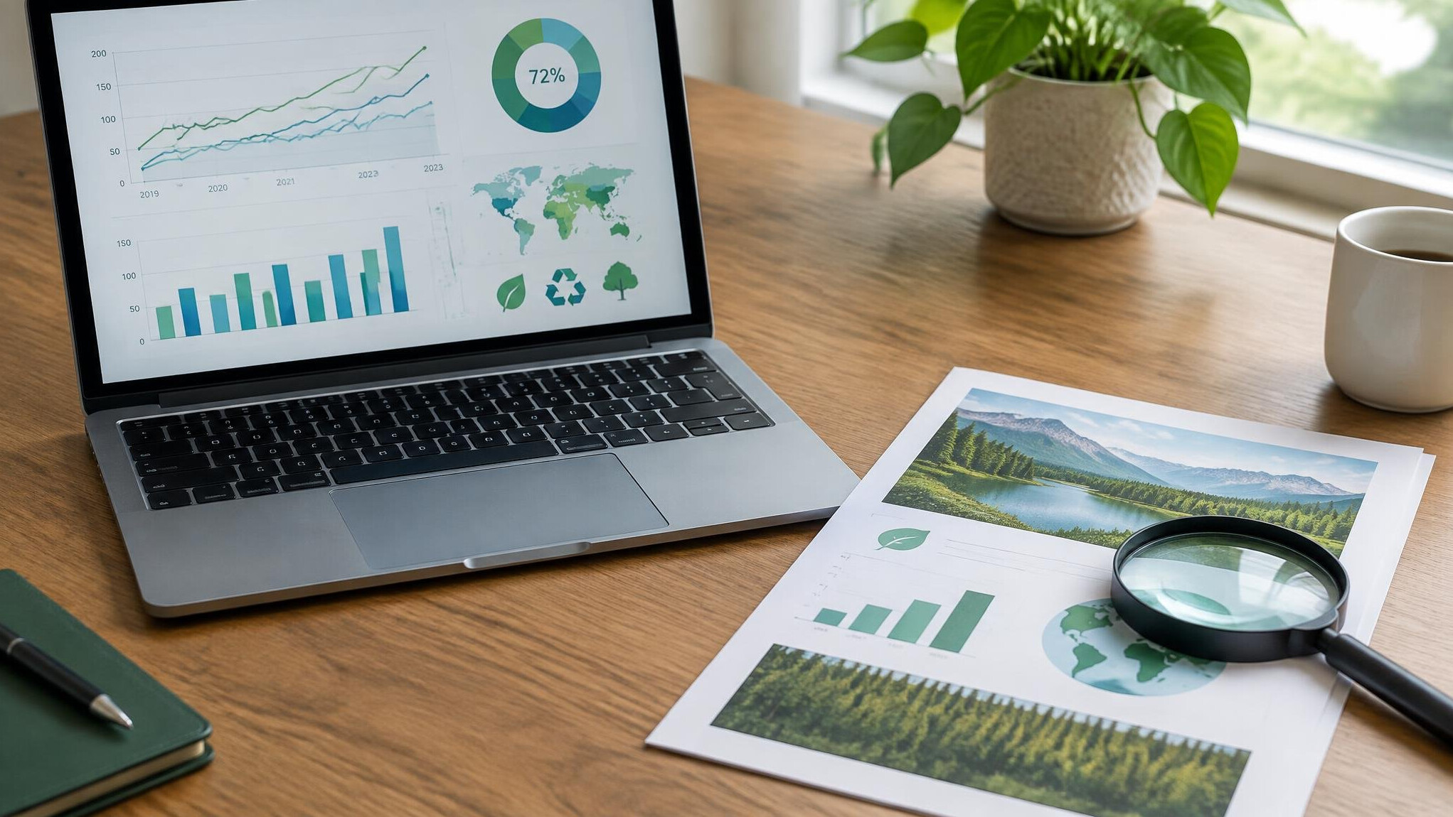 Open laptop displaying charts next to a printed environmental report
