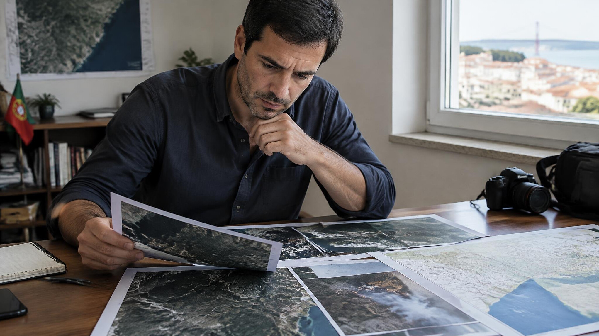 Journalist examining satellite images and printed maps on a table